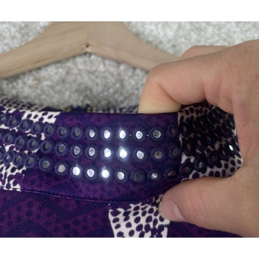 Tory Burch Silk‎ Paisley Mini Dress Womens Small Purple Embellished Long Sleeve